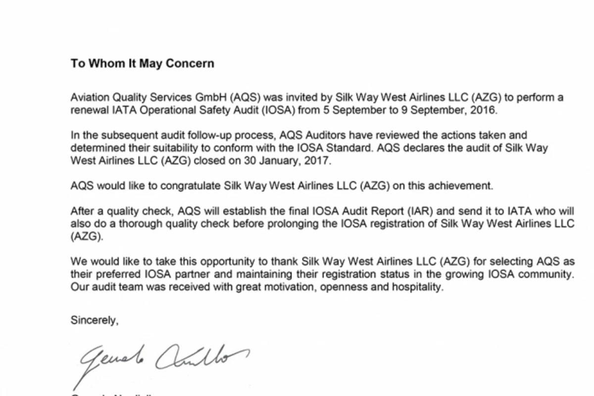 Авиакомпания Silk Way West Airlines успешно прошла аудит IOSA