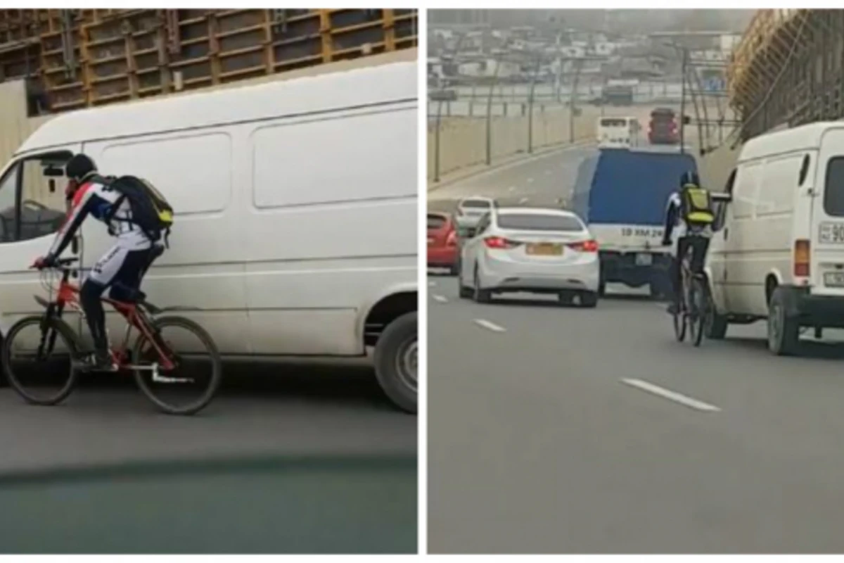 Bakıda velosipedçi yolda təhlükəli manevr etdi (VİDEO) Bakıda velosipedçi yolda təhlükəli manevr etdi (VİDEO)