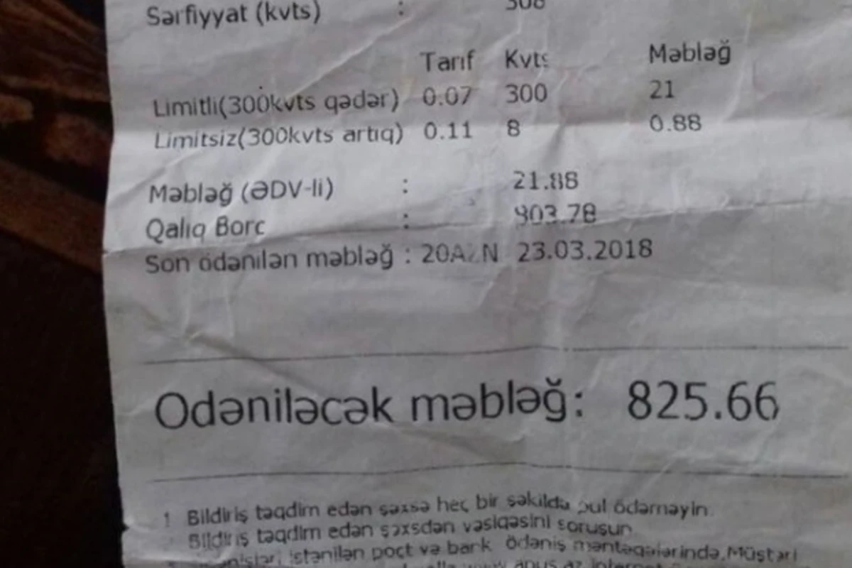 Bakıda bir nəfərin işığa 825 manat borcu yığılıb - “WhatsApp”da kampaniya başladı FOTO