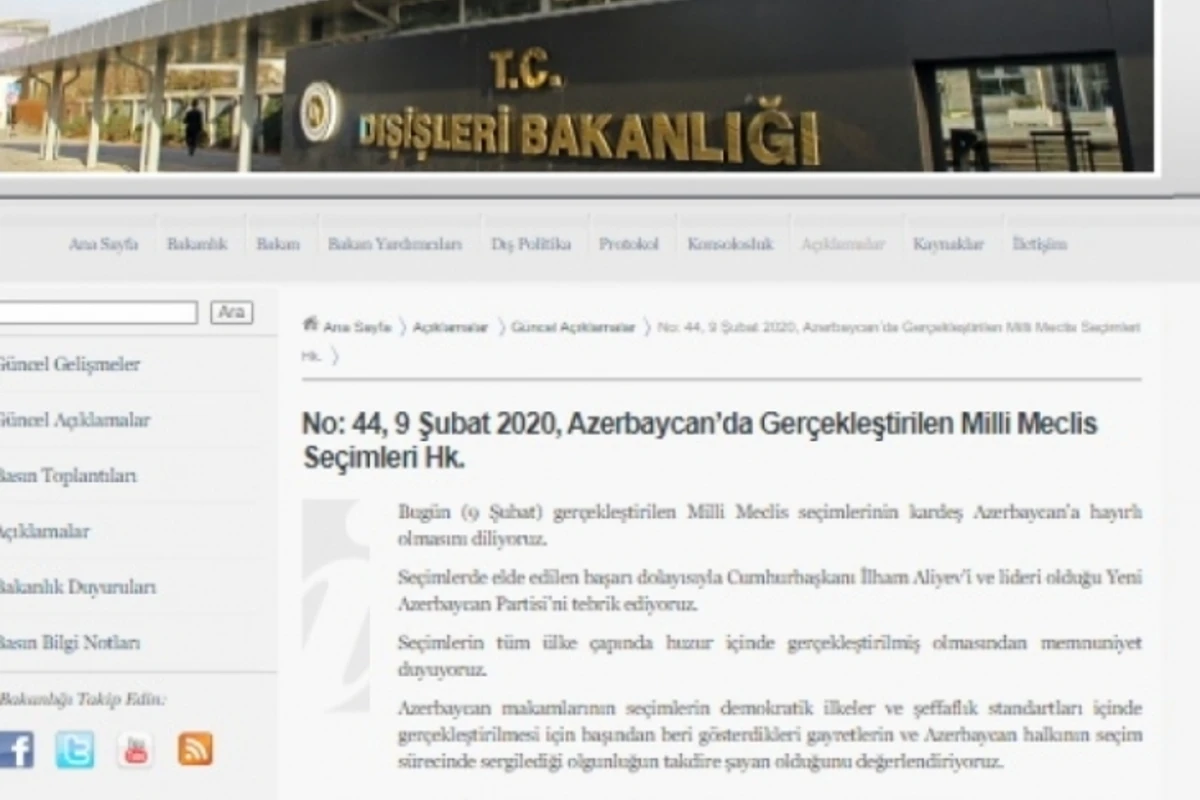 Türkiyə XİN Azərbaycanda keçirilən seçkilərlə bağlı açıqlama yaydı Türkiyə XİN Azərbaycanda keçirilən seçkilərlə bağlı açıqlama yaydı