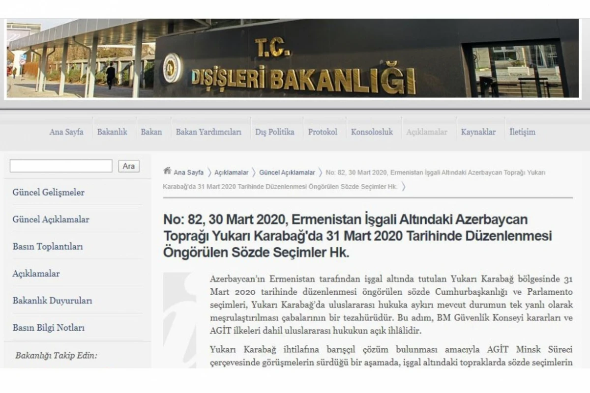 Türkiyə saxta “erməni soyqırımı” iddiası ilə bağlı açıqlama yayıb