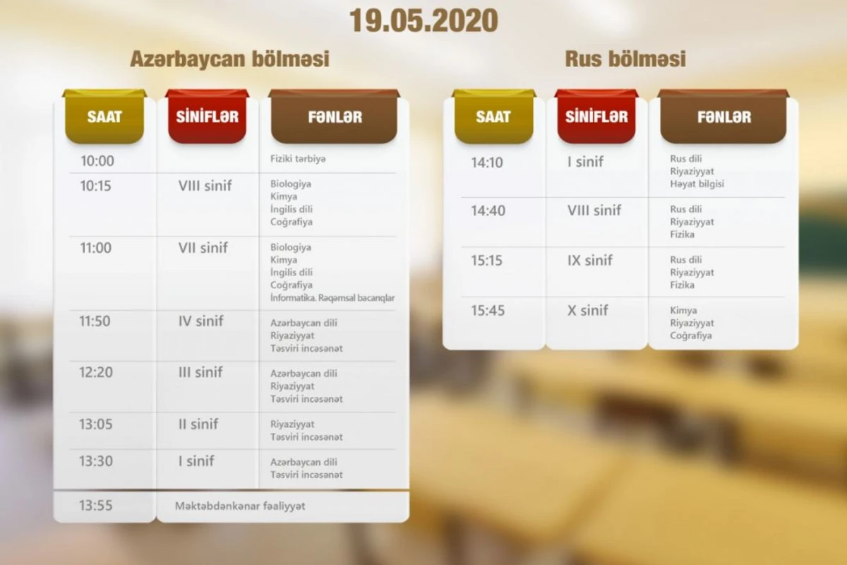 Обнародовано завтрашнее расписание школьных телеуроков в Азербайджане