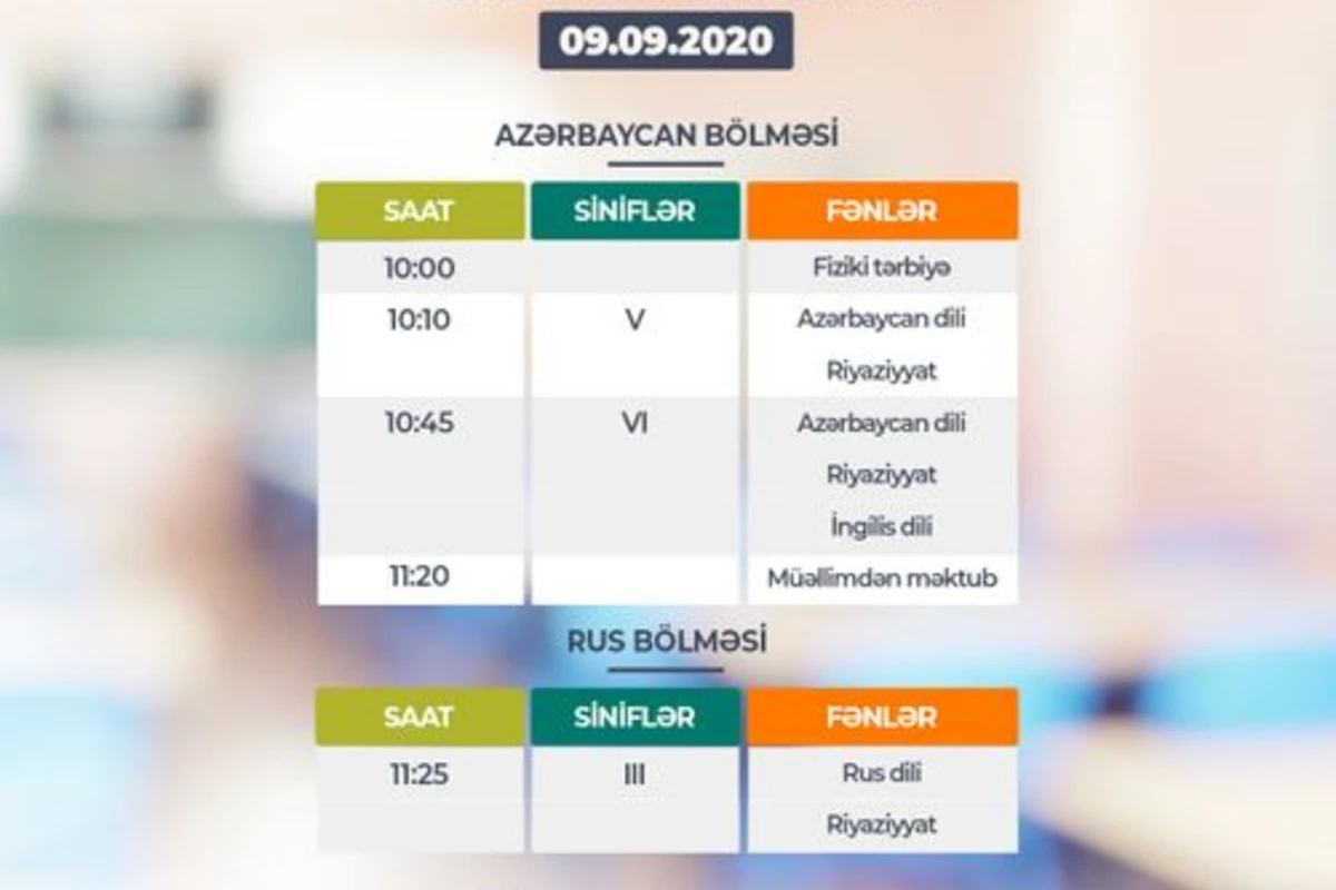 Dərs vaxtının sabaha olan cədvəli açıqlanıb