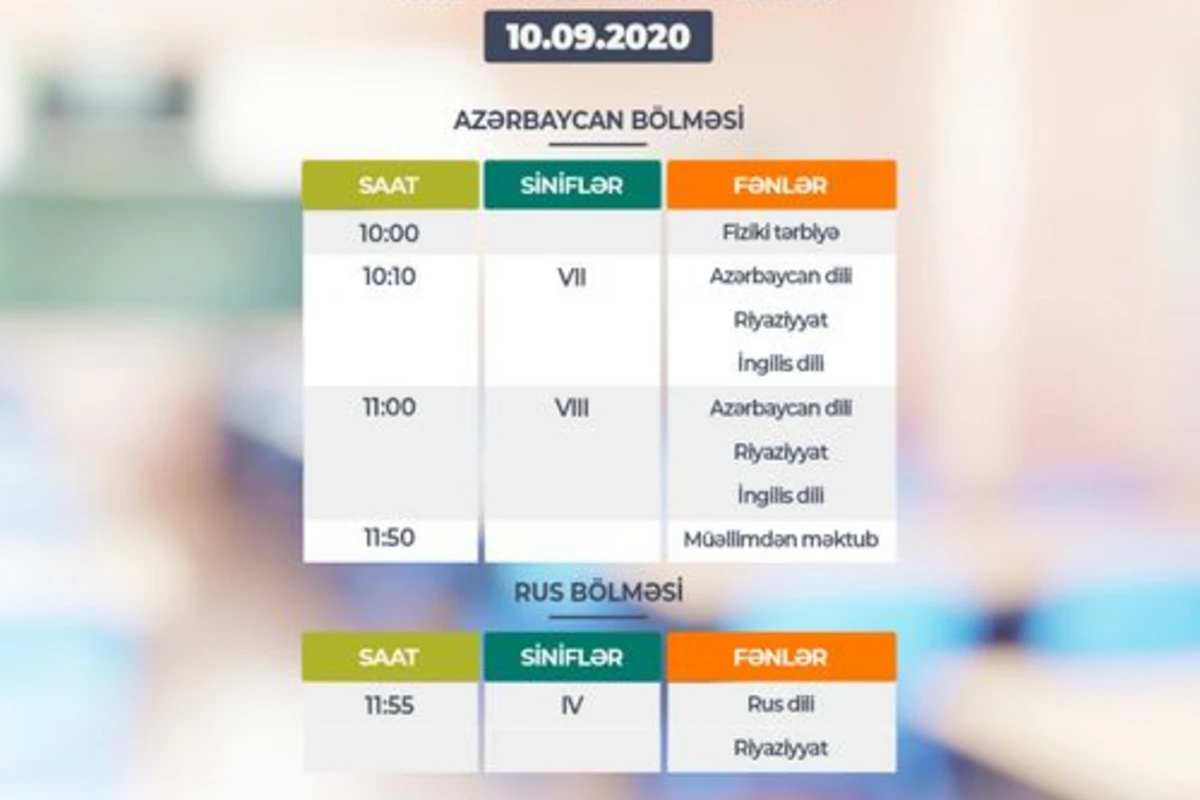 Dərs vaxtının 10 sentyabr cədvəli