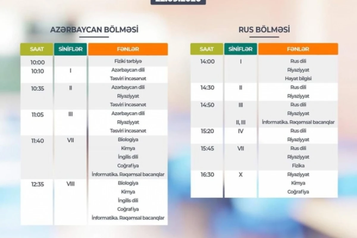 Sentyabrın 22-si üçün teledərslərin cədvəli açıqlanıb Sentyabrın 22-si üçün teledərslərin cədvəli açıqlanıb