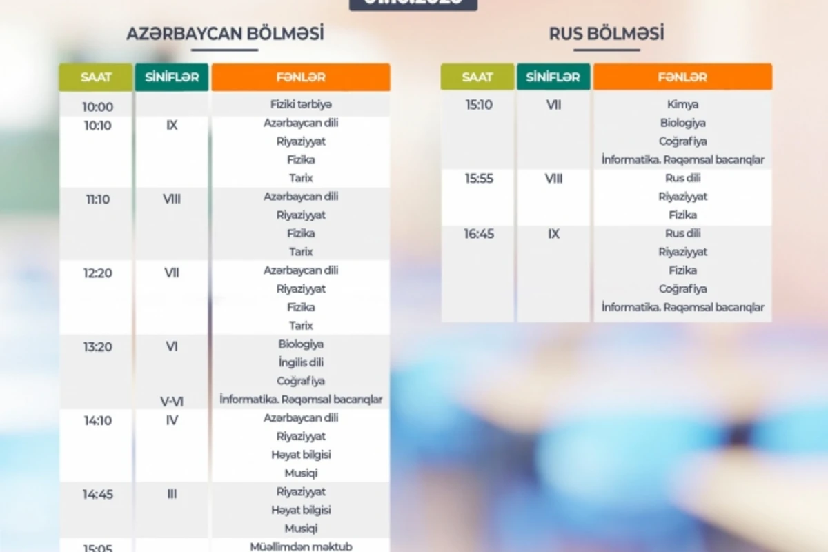 Oktyabrın 1-i üçün teledərslərin cədvəli müəyyənləşib Oktyabrın 1-i üçün teledərslərin cədvəli müəyyənləşib