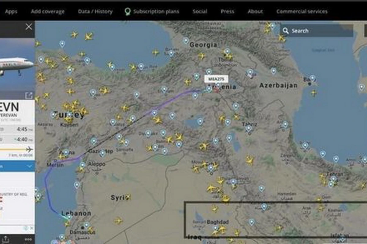Flightradar24 показал летящий из Ливана в Армению борт с наемниками-террористами