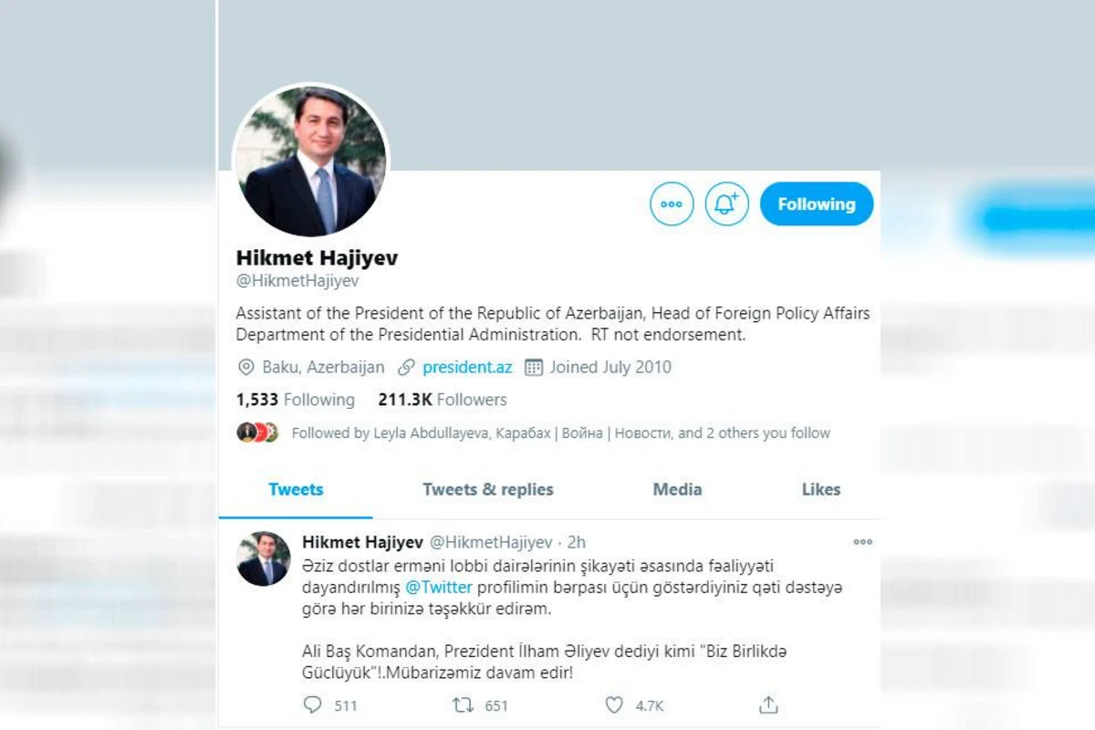 Хикмет Гаджиев поблагодарил всех за восстановление профиля в Twitter - ФОТО