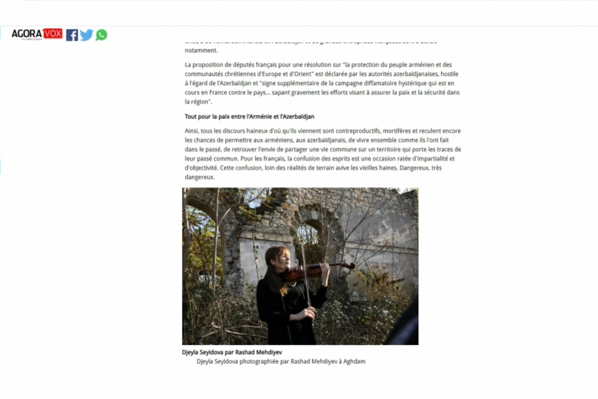 Fransanın “Agoravox” portalında “Azərbaycan və Ermənistan üçün sülh” adlı məqalə dərc olunub