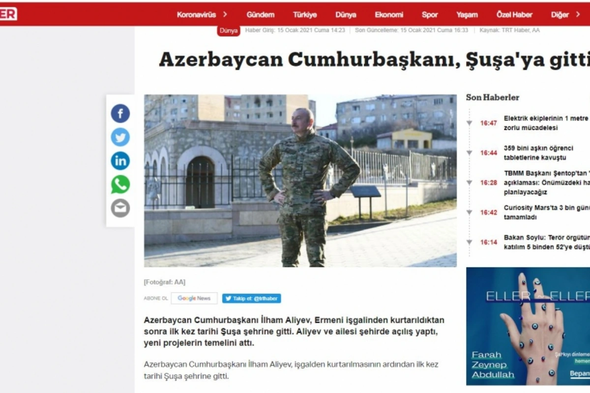 İlham Əliyevin Şuşaya səfəri Türkiyə mediası tərəfindən geniş işıqlandırılıb - FOTO