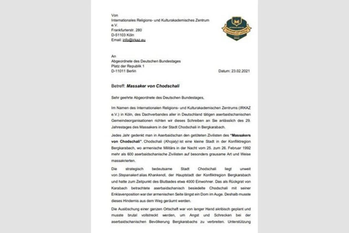 Soydaşlarımız Almaniya Bundestaqını Xocalı soyqırımını tanımağa çağırıb Soydaşlarımız Almaniya Bundestaqını Xocalı soyqırımını tanımağa çağırıb