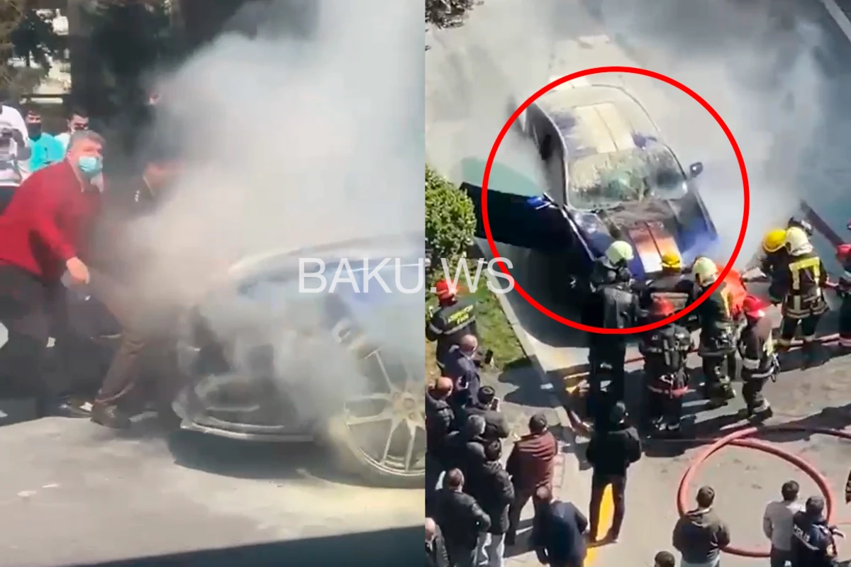 Ford Mustang вспыхнул в центре Баку - ВИДЕО