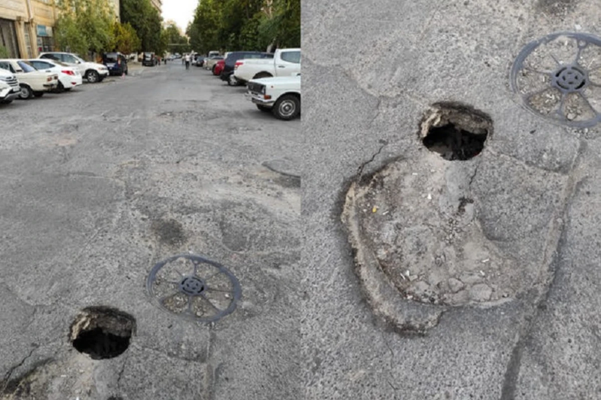 Bakının mərkəzində asfaltda deşik yarandı - FOTO