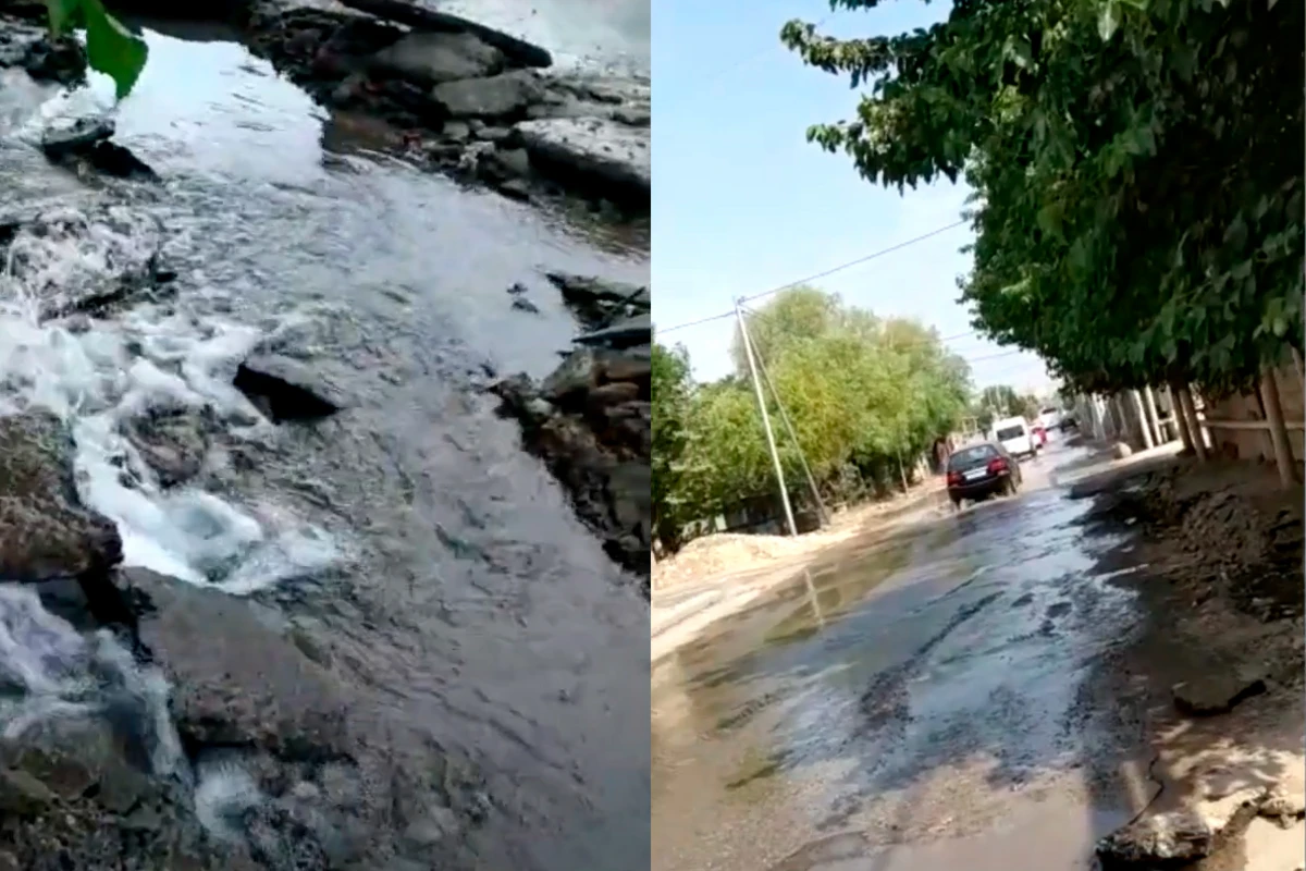 Bakıda asfalt çəkənlər su xəttini qırdı - VİDEO