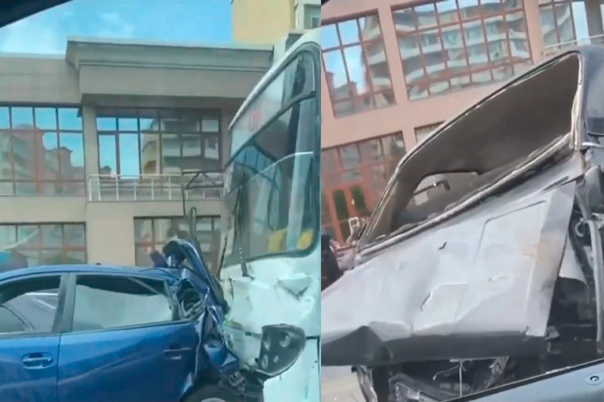 Цепная авария с участием трех автомобилей и автобуса в Баку - ВИДЕО