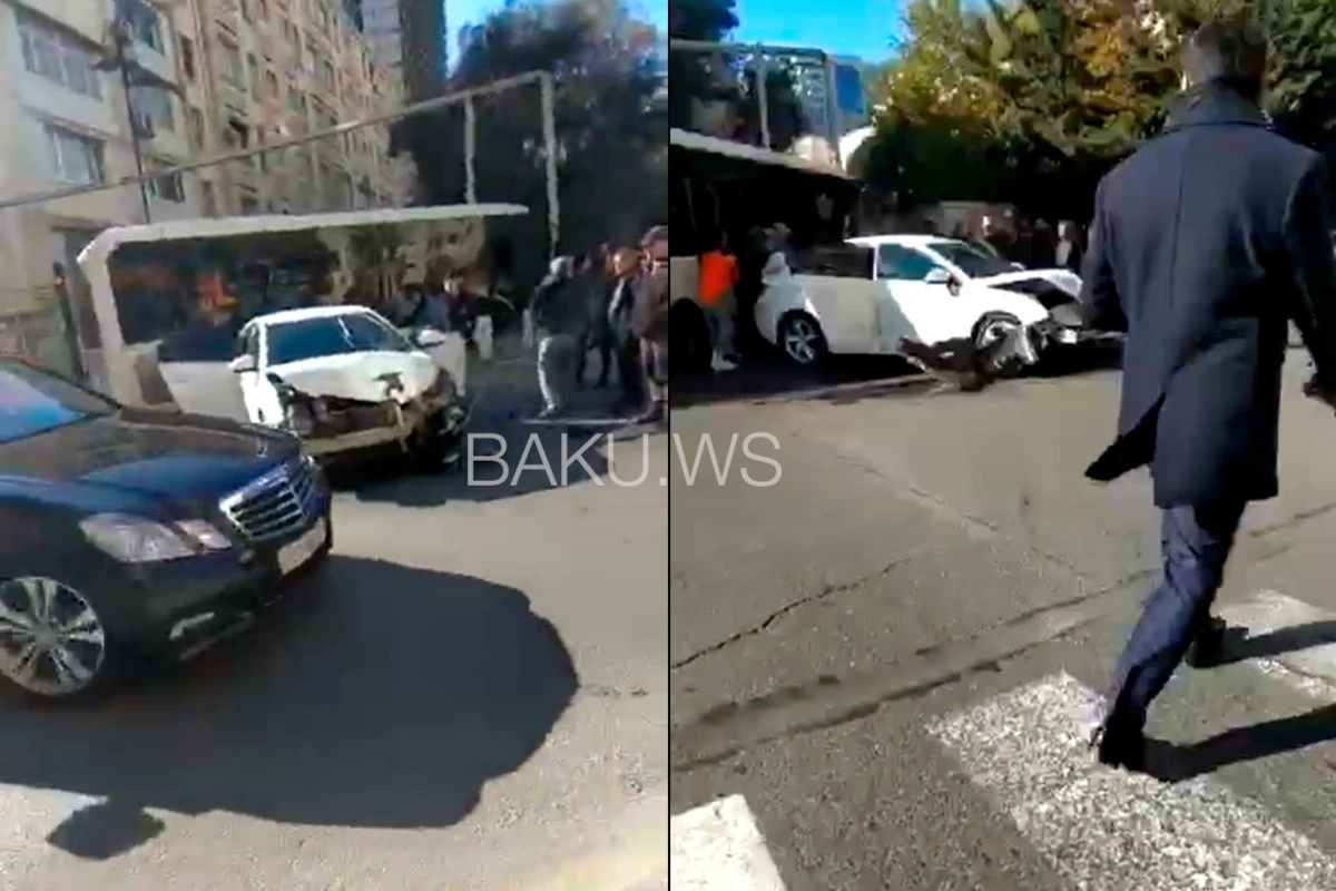 Bakıda sərnişin avtobusu qəzaya uğrayıb - VİDEO
