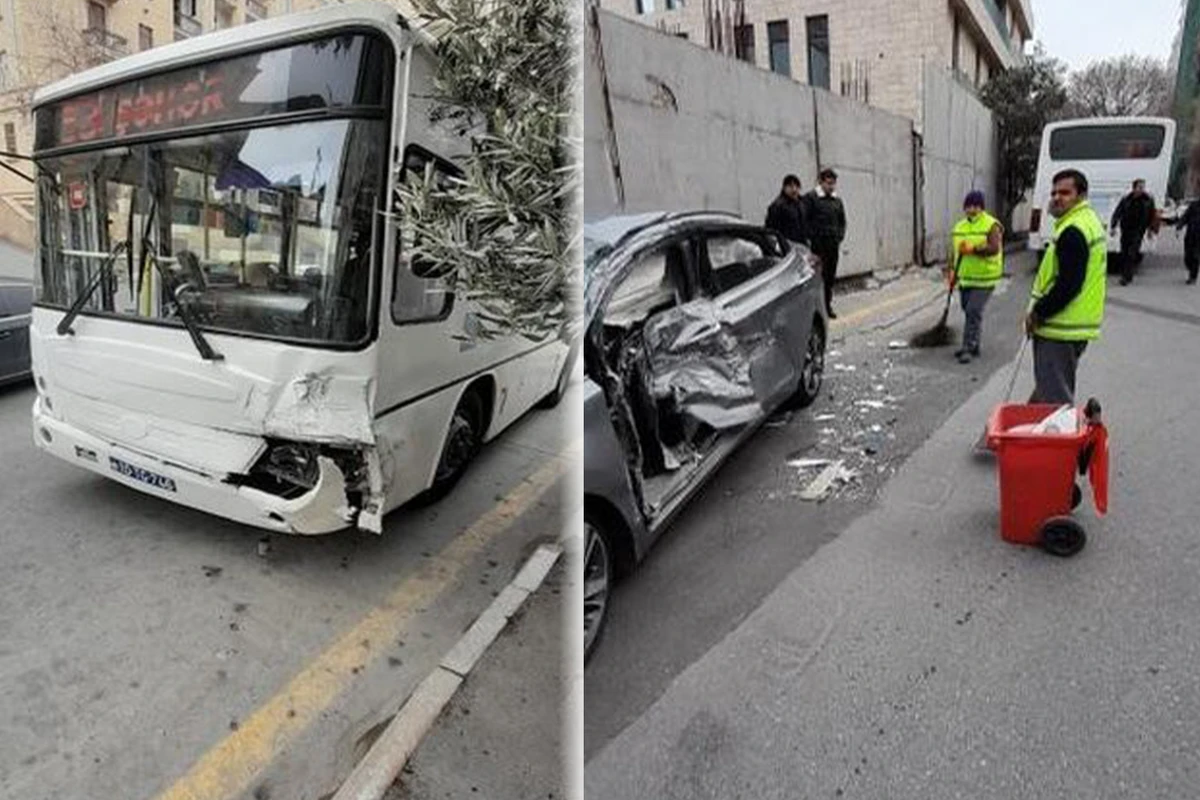 Bakıda avtobusla minik avtomobili toqquşdu: XƏSARƏT ALANLAR VAR - FOTO