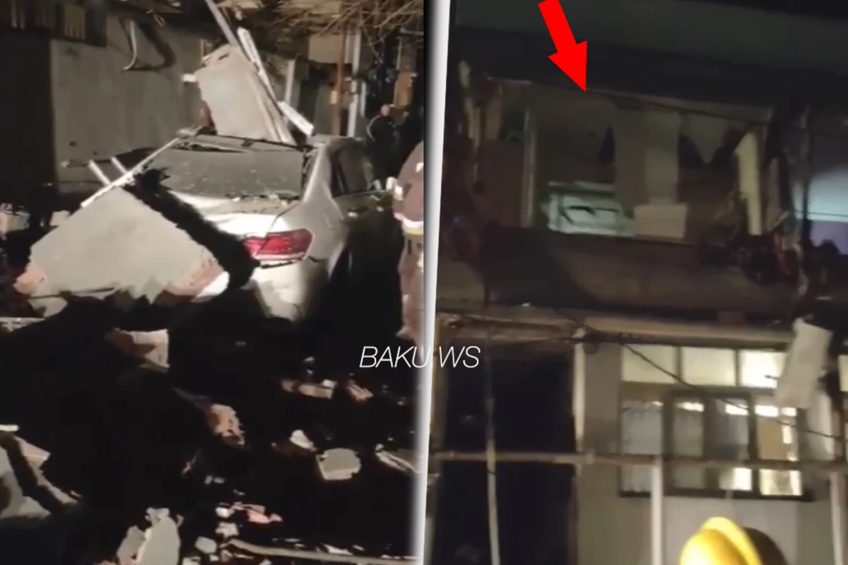 Bakıda partlayış: Binanın eyvanı uçdu, Mercedes yararsız vəziyyətə düşdü - VİDEO