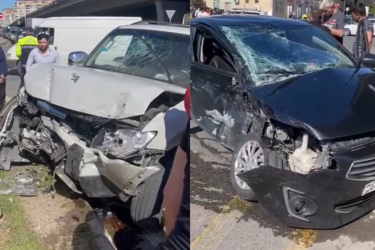 Bakıda iki Mitsubishi markalı avtomobil toqquşdu - VİDEO
