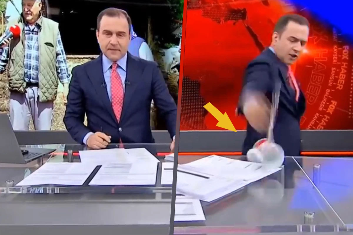 Əsəbiləşən türkiyəli aparıcı içində su olan stəkanı kameraya atdı - VİDEO