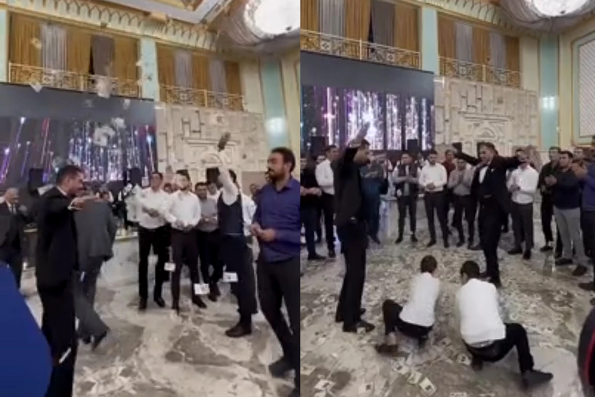 Azərbaycanda bəyin dostları toyda pulu ayaq altına tökdülər - VİDEO