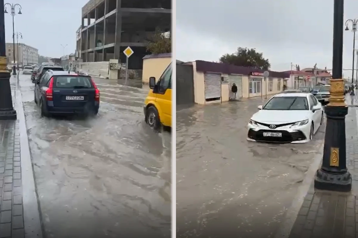 Yağış Bakının bu rayonunda avtomobillərin hərəkətini iflic etdi - VİDEO