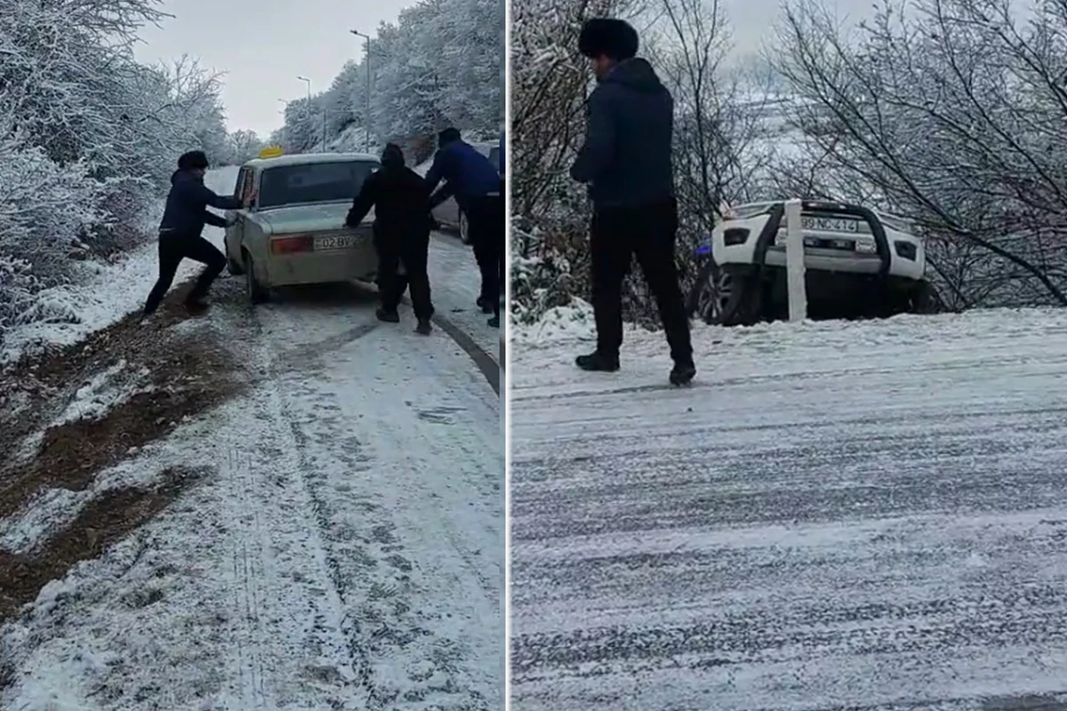Şamaxı yolu buz bağladı, hərəkət iflic oldu - VİDEO