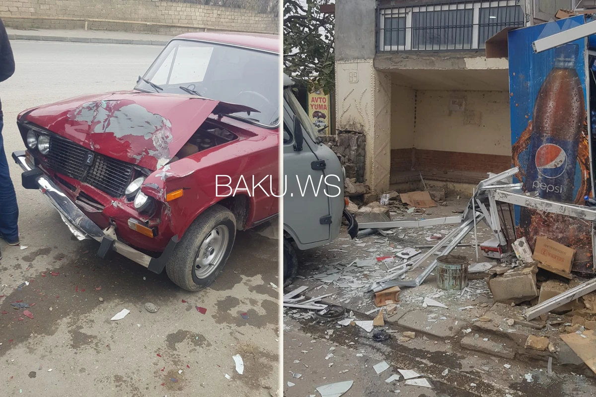 Bakıda iki avtomobil toqquşdu - Biri mağazaya girdi - FOTO