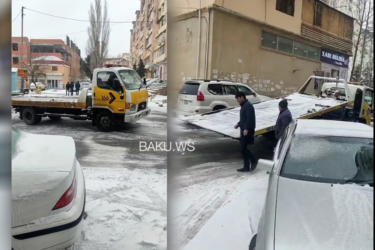 Avtomobili götürməyə gələn evakuator qarda ilişdi, onun üçün də yeni evakuator gəldi - VİDEO