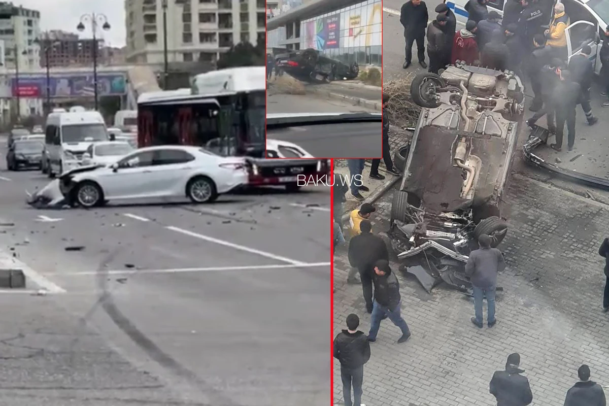 Жуткая авария в Баку: BMW перевернулся после столкновения с Toyota Camry - ВИДЕО