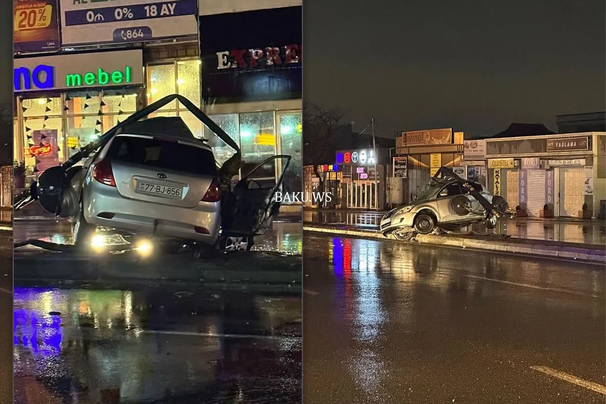 Bakıda ağır qəza! - İşıq dirəyi əyildi - FOTO/VİDEO