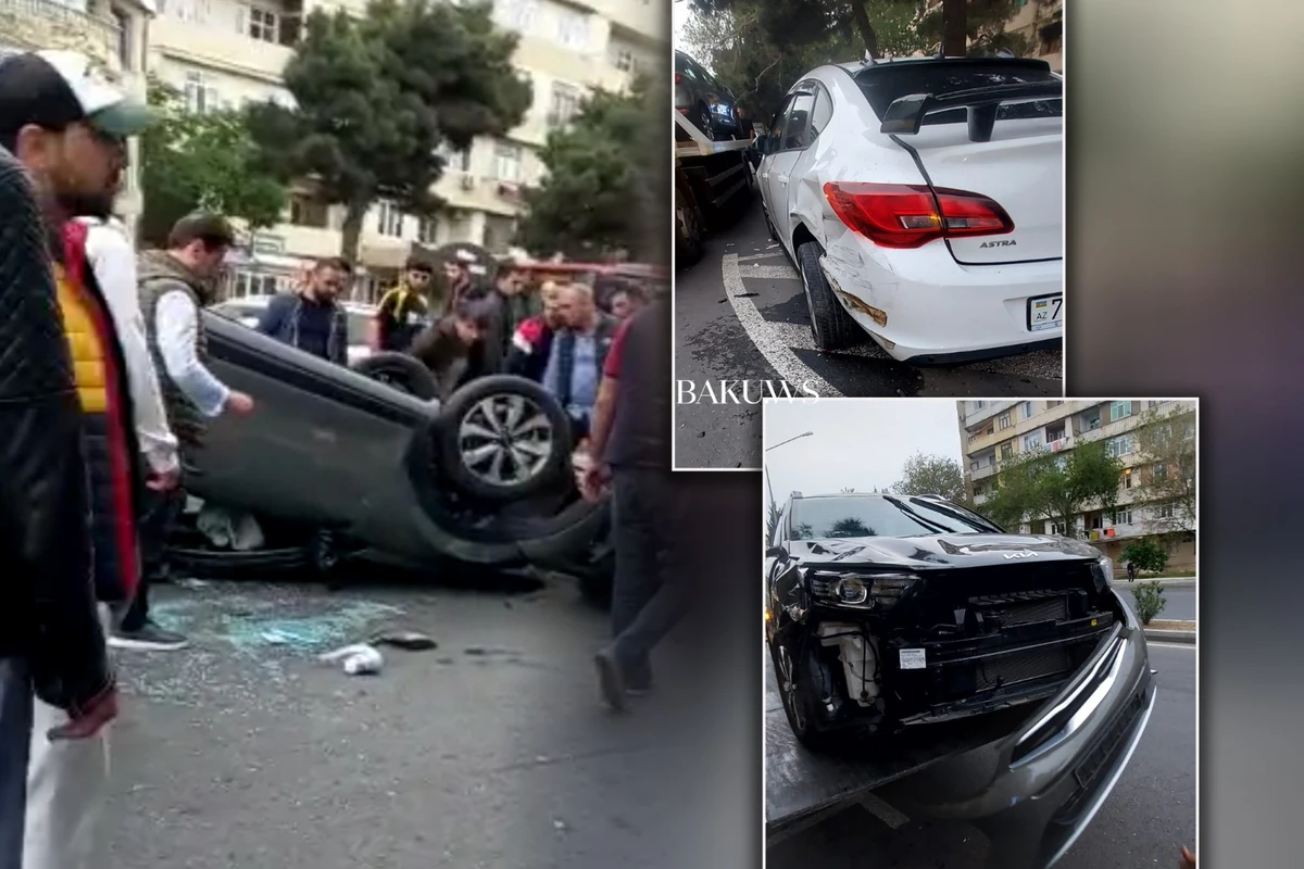 В Баку столкнулись два автомобиля, один перевернулся - ВИДЕО