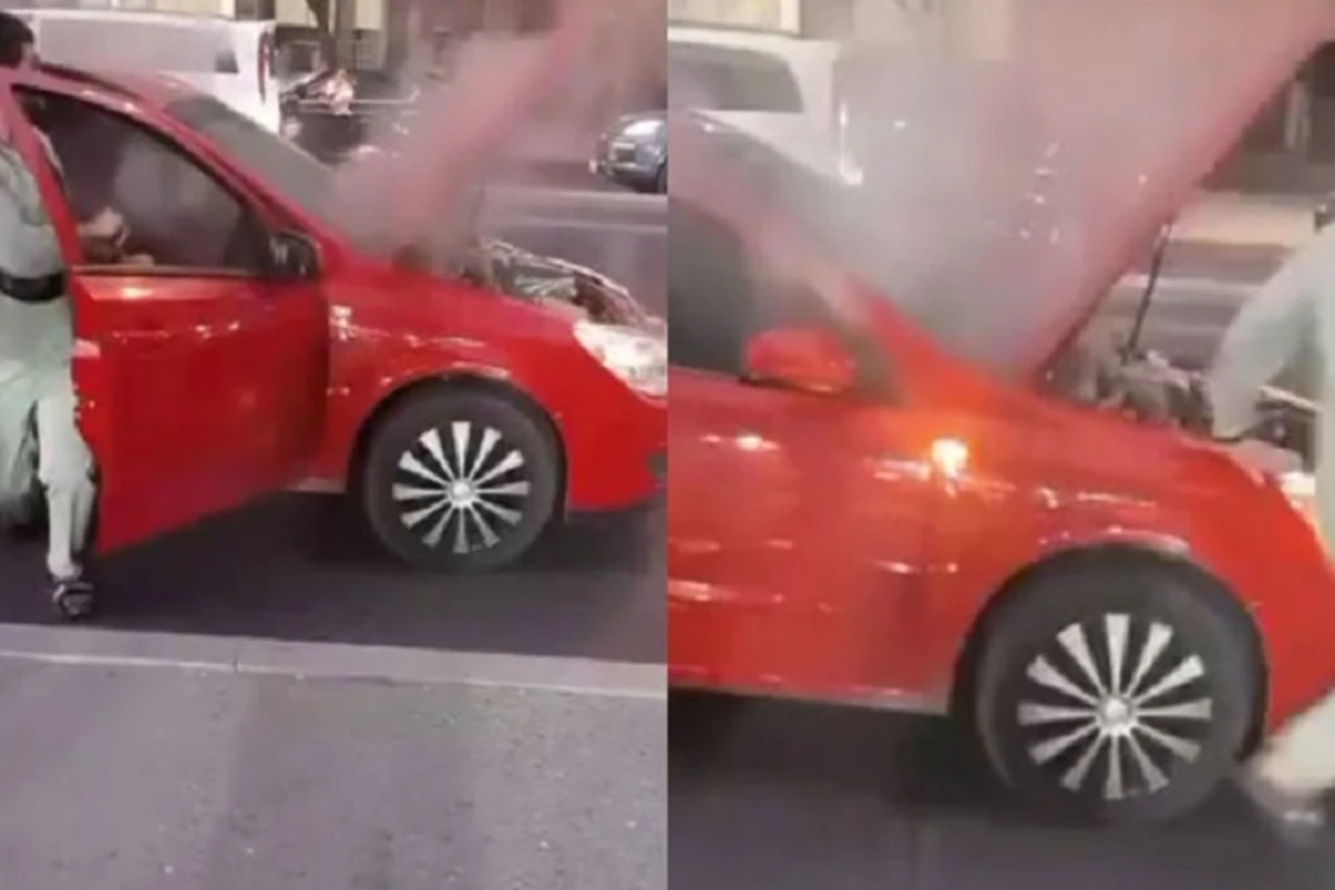 В Баку во время движения загорелось такси - ВИДЕО