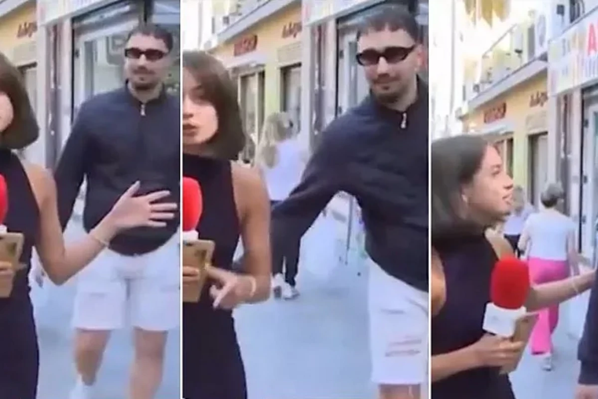 Canlı yayımda jurnalistin ombasına toxundu - Polis təcavüzdən saxladı - VİDEO