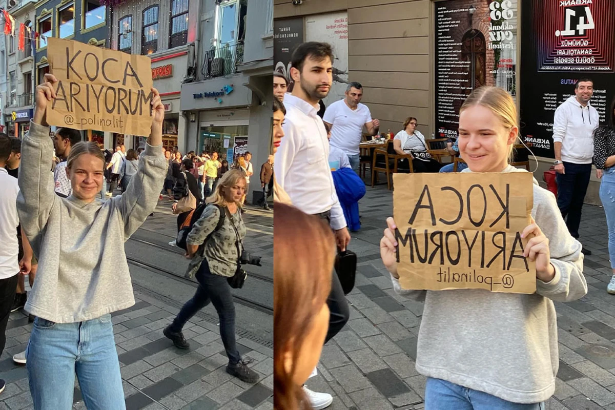 Belaruslu gənc qadın Taksimi ər axtarıram plakatı ilə gəzdi - VİDEO