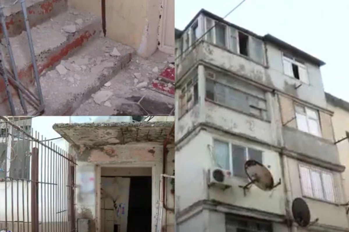 Bakıda beşmərtəbəli binanın daşları tökülür: Təhlükəli vəziyyət yaranıb - VİDEO