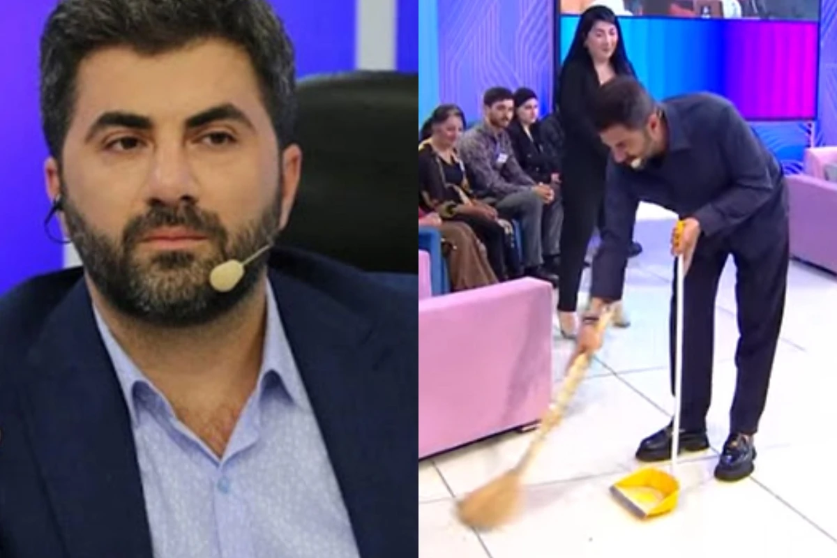 Zaur Baxşəliyev efir zamanı studiyanı süpürdü - VİDEO