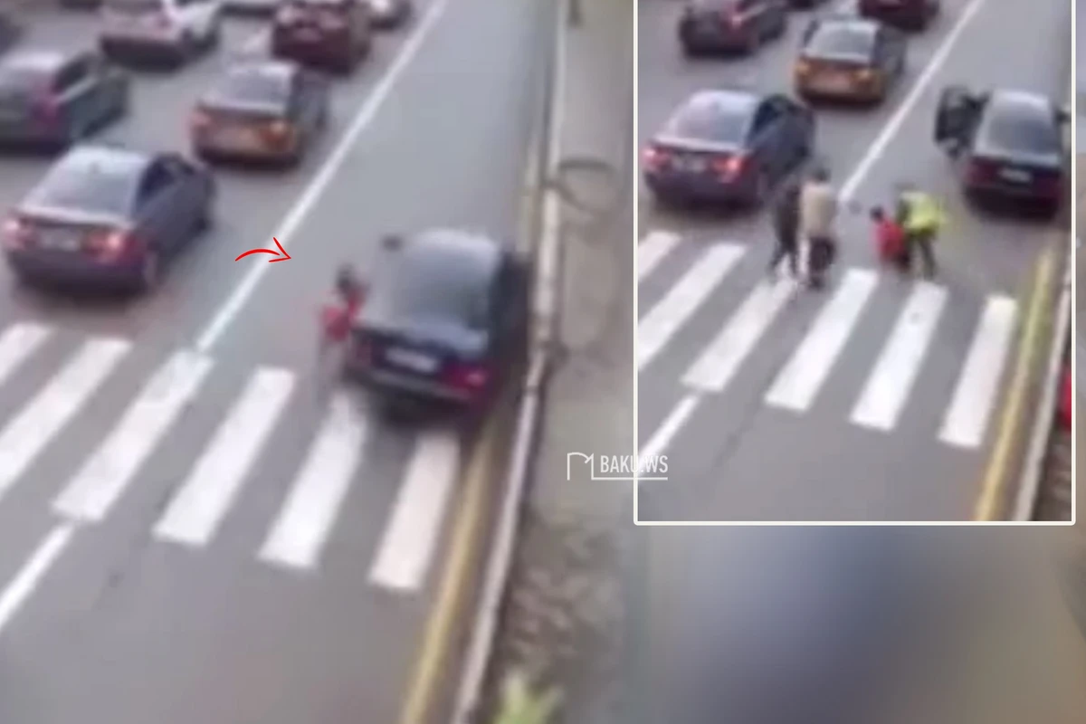 Bakıda avtobus zolağı ilə hərəkət edən Mercedes piyada zolağında məktəblini vurdu - VİDEO