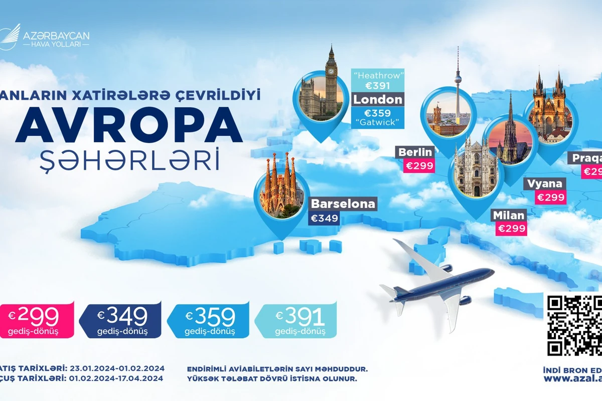 AZAL Avropanın altı şəhəri üzrə aviabiletlərə endirim elan edir AZAL Avropanın altı şəhəri üzrə aviabiletlərə endirim elan edir