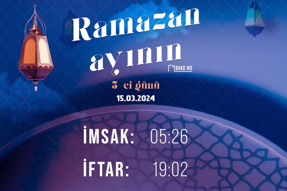 Ramazan ayının beşinci gününün imsak, iftar və namaz vaxtları