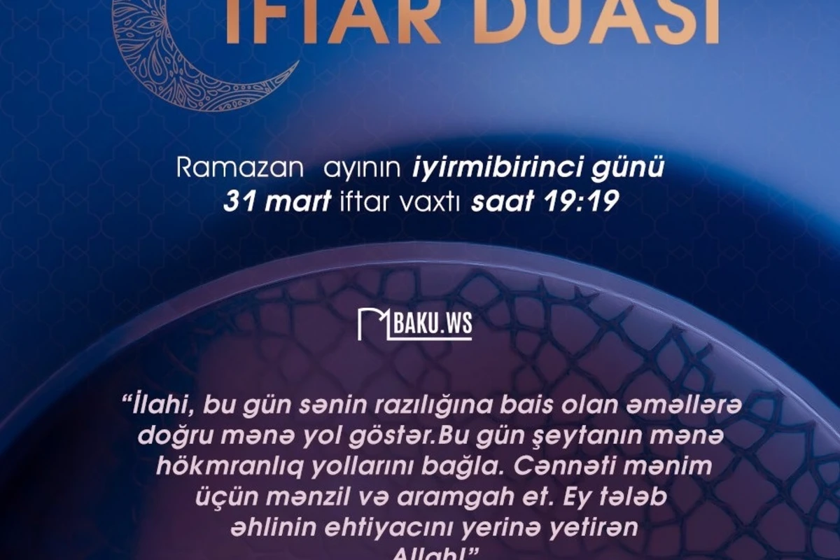 Ramazan ayının iyirmi birinci gününün imsak, iftar və namaz vaxtları