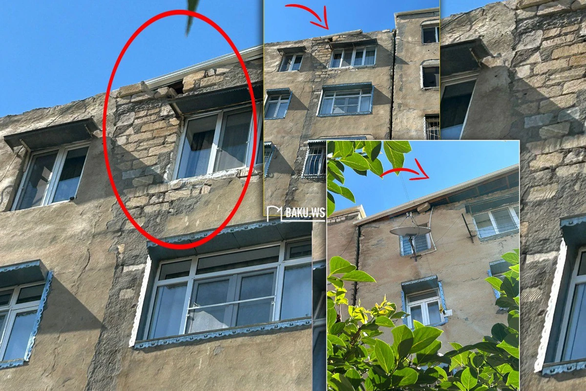 Güclü külək binanın fasadını uçurub, mişar daşlarını yerindən oynadıb - FOTO