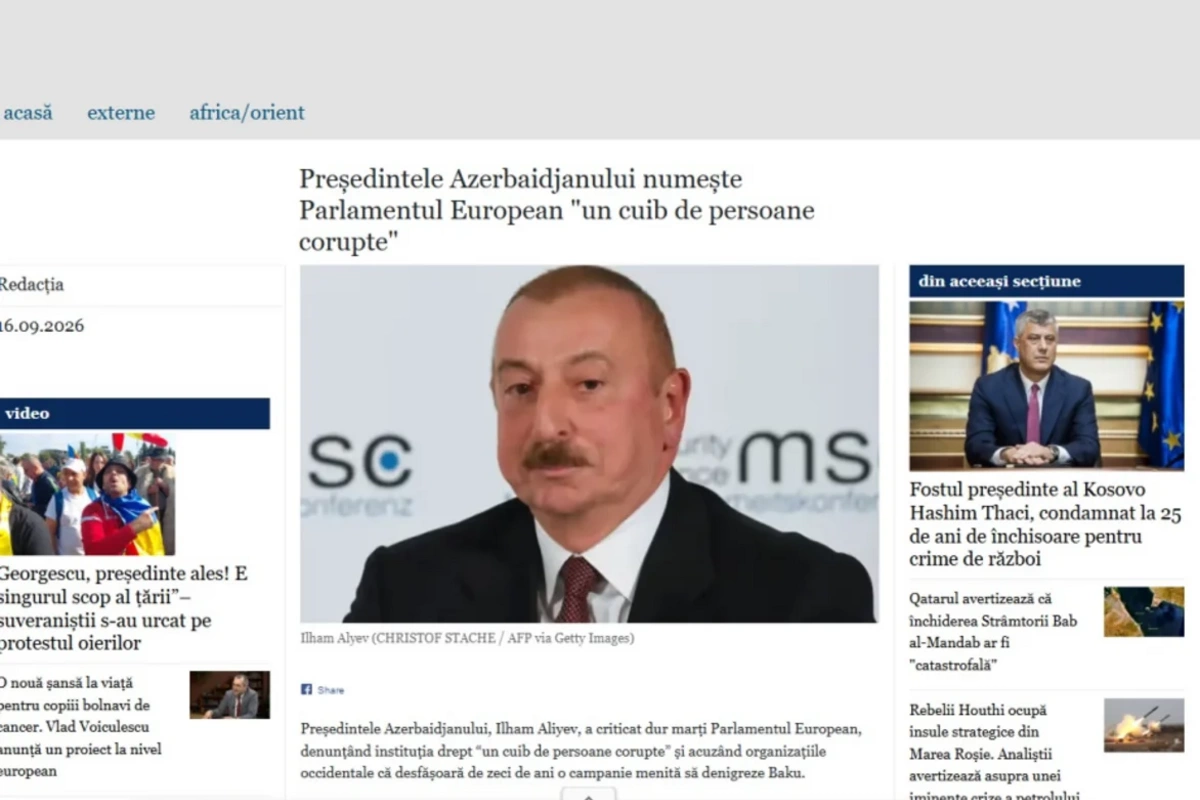 Rumıniya nəşri Prezident İlham Əliyevin Avropa Parlamenti barədə fikirlərini dərc edib