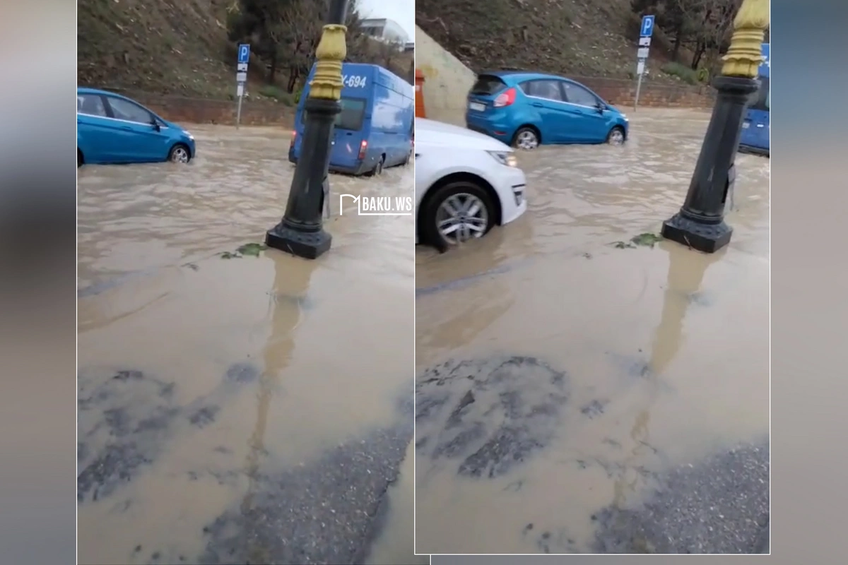 Bakı Dəmiryol Vağzalının yuxarısında yağış suları GÖLMƏÇƏ YARATDI