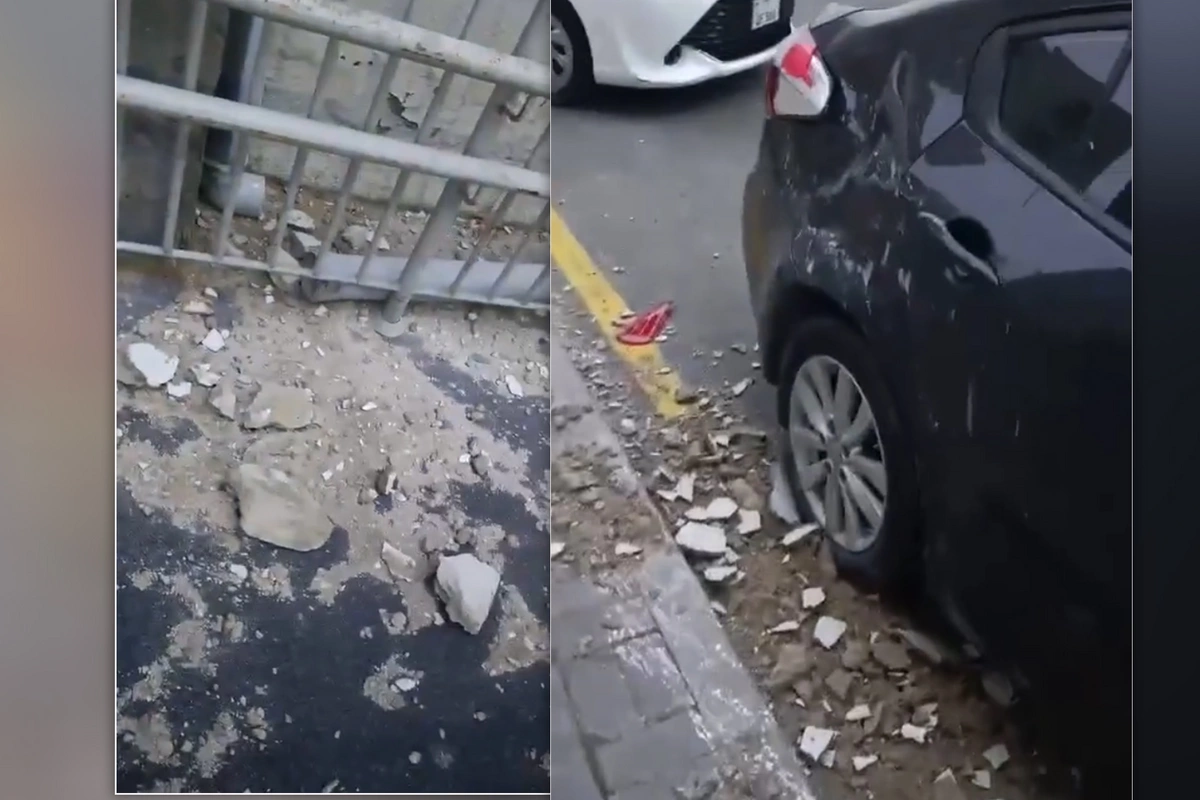 Yasamal MİDA-da güclü külək binanın fasadını dağıdıb