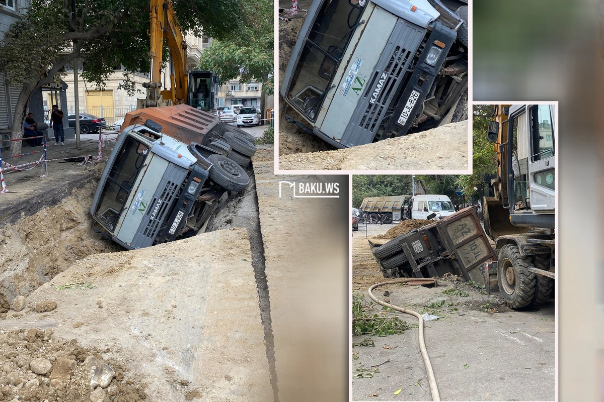 Bakıda Azərsunun KamAZ-ı qurumun qazdığı quyuya düşüb Bakıda Azərsunun KamAZ-ı qurumun qazdığı quyuya düşüb