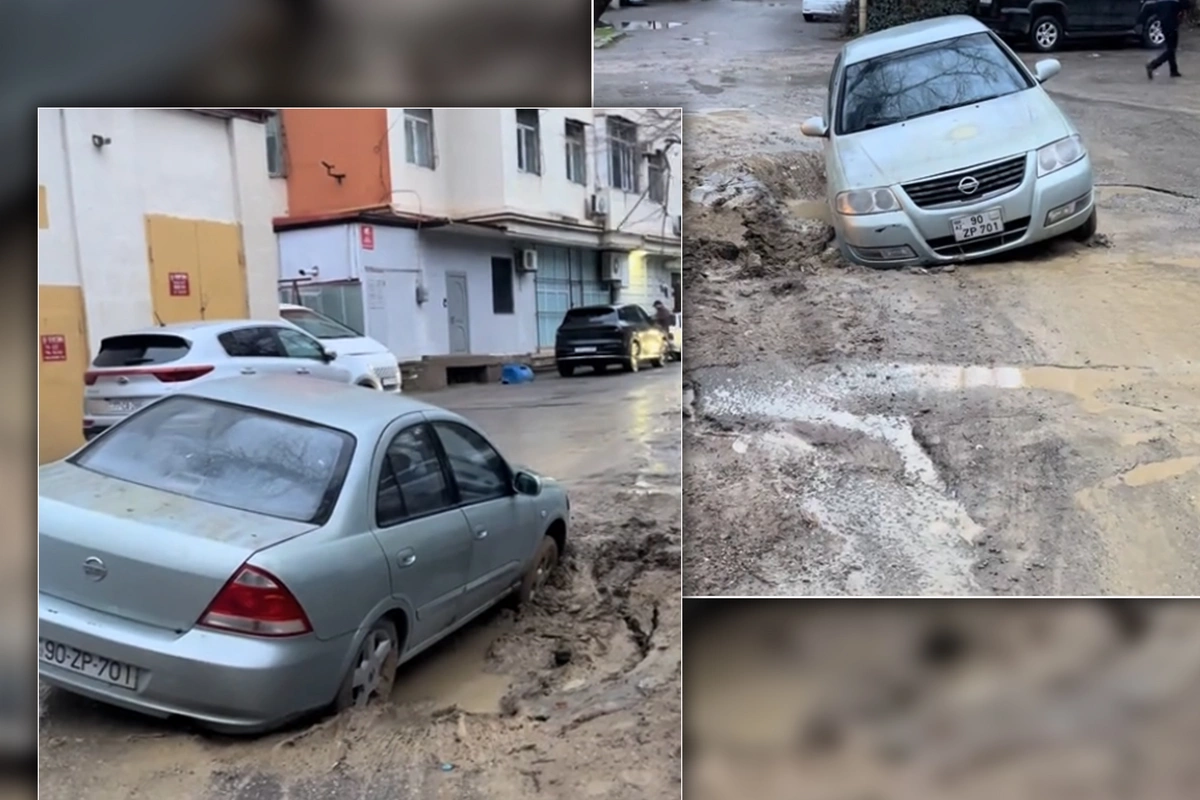 7-ci mikrorayonda yol çöküb - Maşın batıb