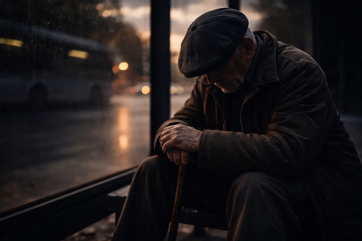 Xırdalanda yaşlı kişi avtobus dayanacağında gecələyir