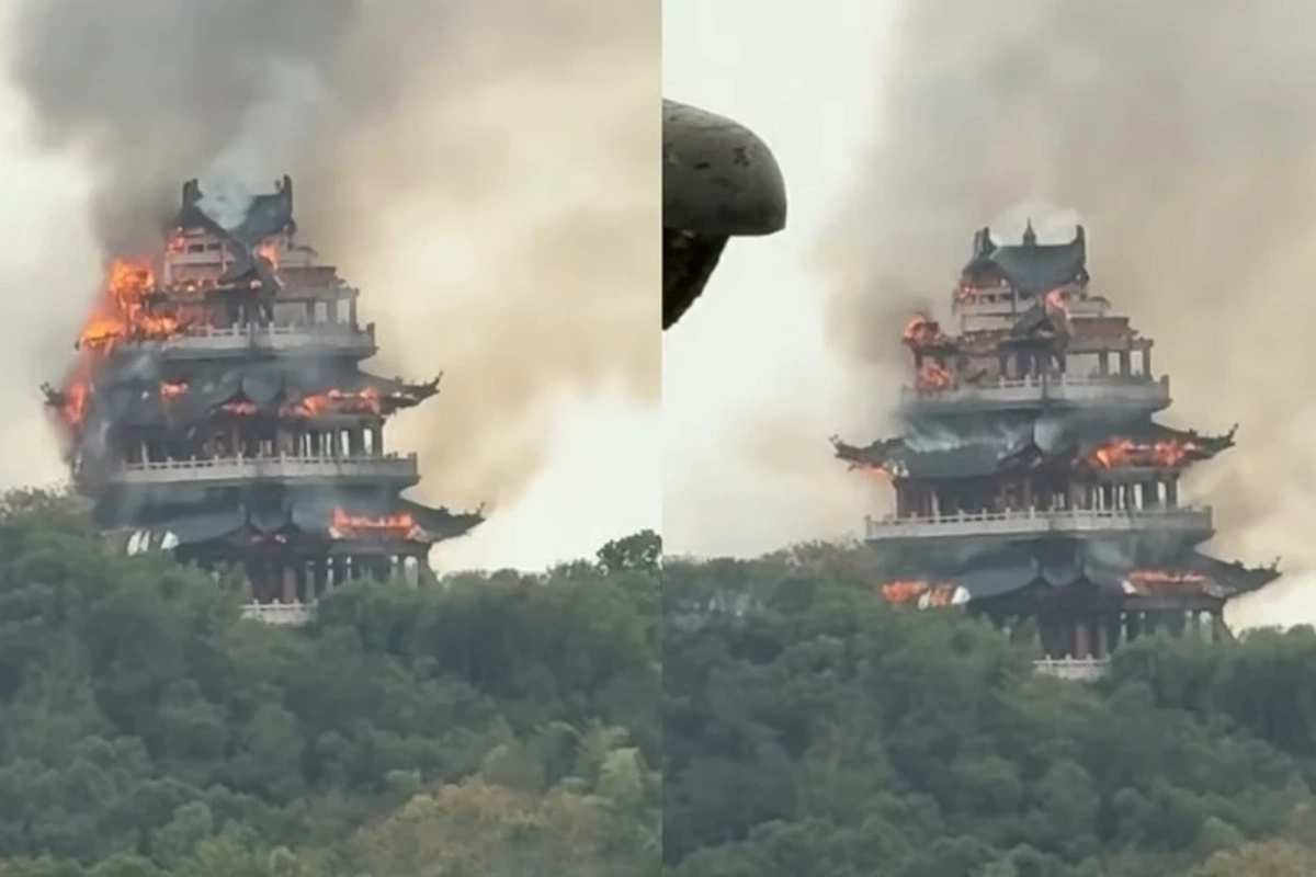 Мощный пожар охватил 1500-летний храм в Китае