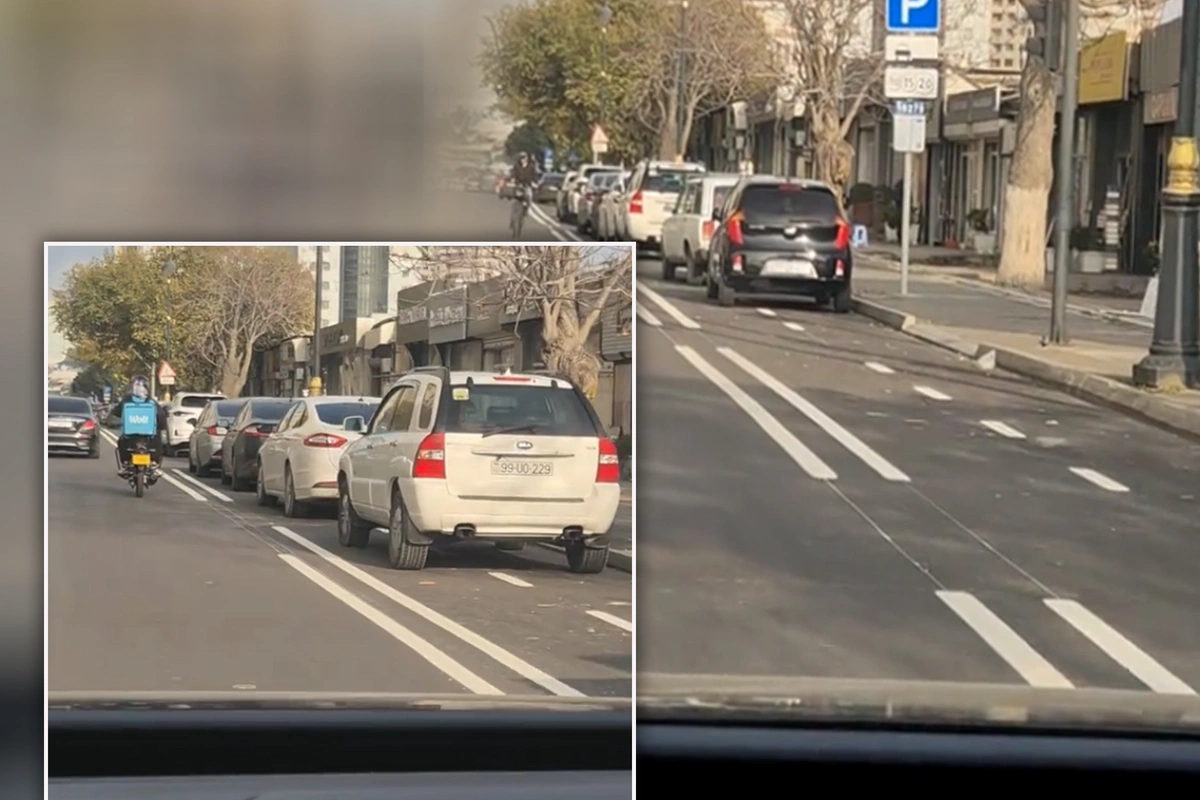 Nərimanovda qəribə hal - Maşınlar velosiped zolağında park edib